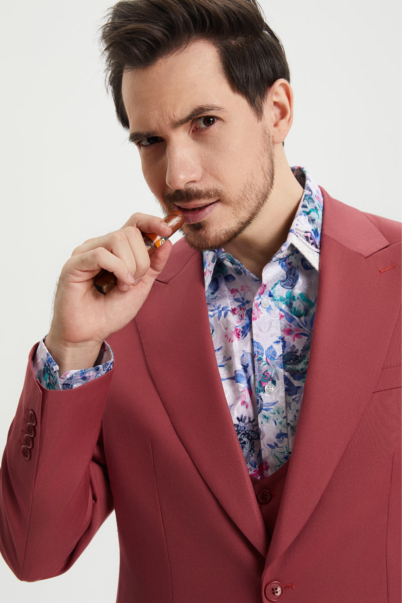 Men's Vested One Button Peak Lapel Stacy Adams Designer Suit in Coral Blush Pink - Image 6