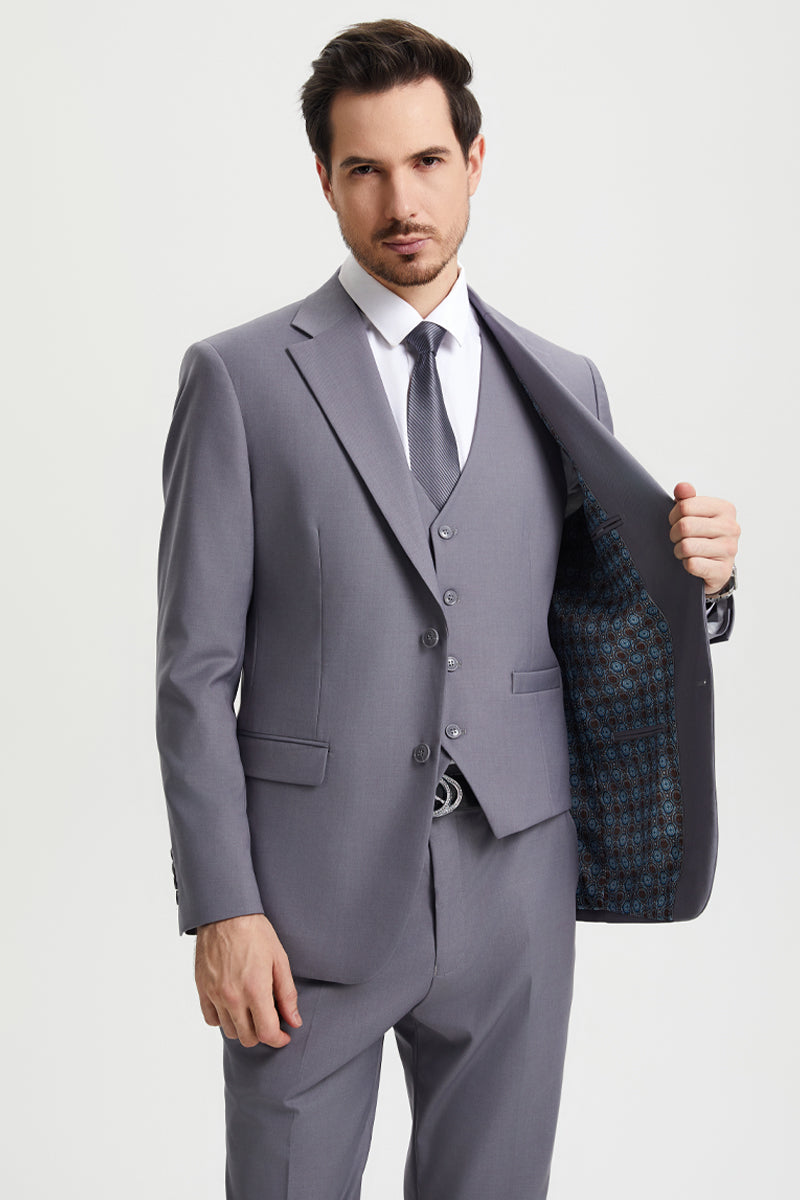 Men's Two Button Vested Stacy Adams Basic Designer Suit in Medium Grey - Image 6