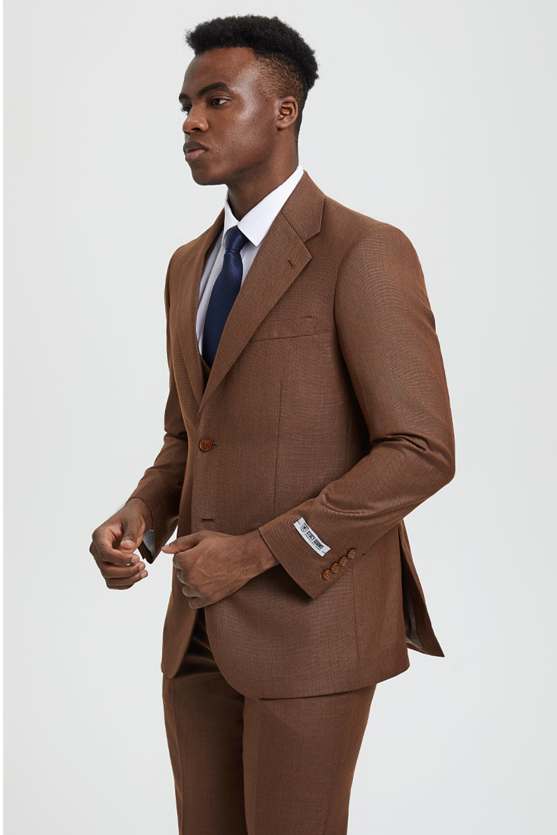 Men's Two Button Vested Stacy Adams Designer Sharkskin Suit in Cognac - Image 5