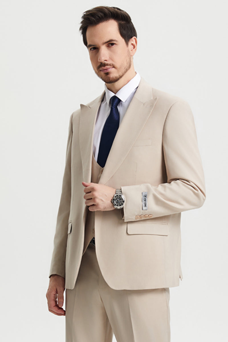 Men's Vested One Button Peak Lapel Stacy Adams Designer Suit in Tan - Image 6