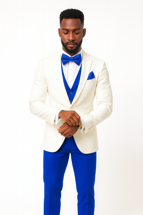 White and Royal Blue Tuxedo Wedding Suit - White Dinner Jacket + Vest + Pants + Bow-tie