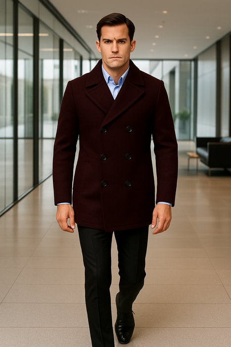 Men's Dark Brown  Wool Fabric Big and Tall Men's Peacoat