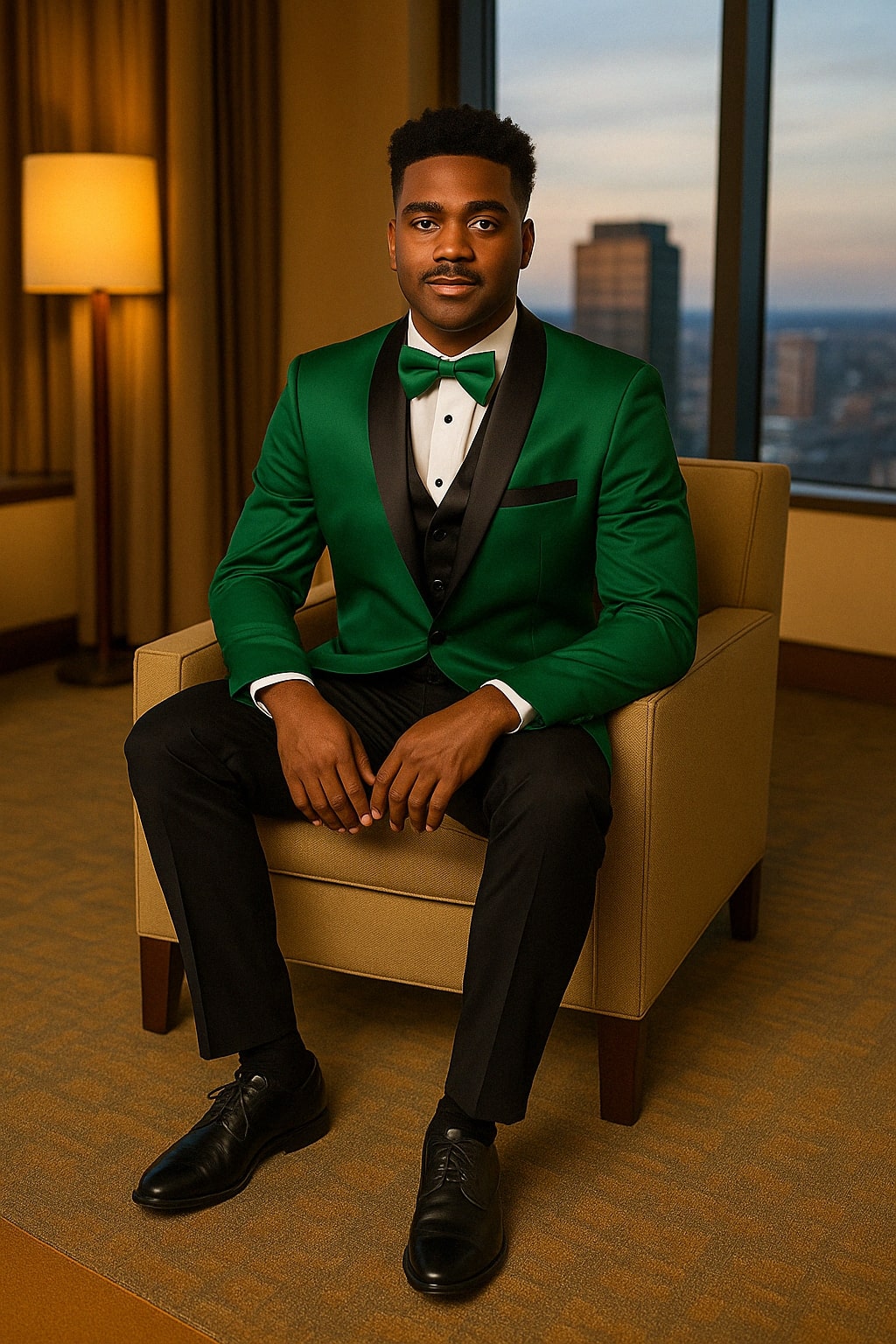 Mens Emerald Green Satin Tuxedo with Black Peak Lapel and Bow Tie – Formal Slim Fit Suit - Image 3