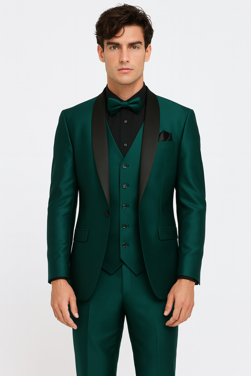 Mens Emerald Green Tuxedo with Black Satin Shawl Lapel – 3 Piece Formal Suit with Vest