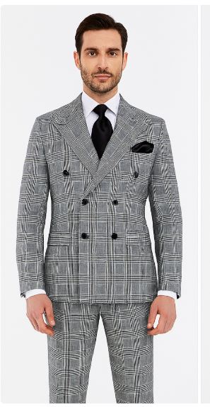 Men's Grey Glen Plaid Double-Breasted Suit – Classic Prince of Wales Check Two-Piece Set By Rossiman
