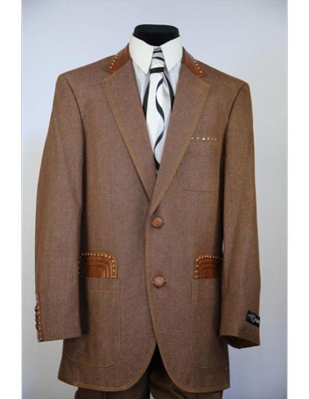 Men's fashion faux leather accents denim 2pc zoot suit rust with brass accents