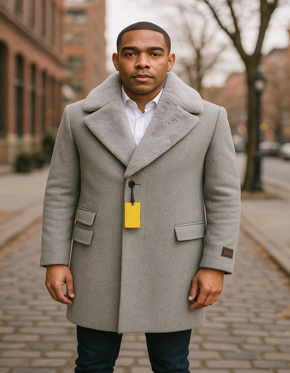 Coat Men's Grey Wool Overcoat with Plush Faux Fur Shawl Collar