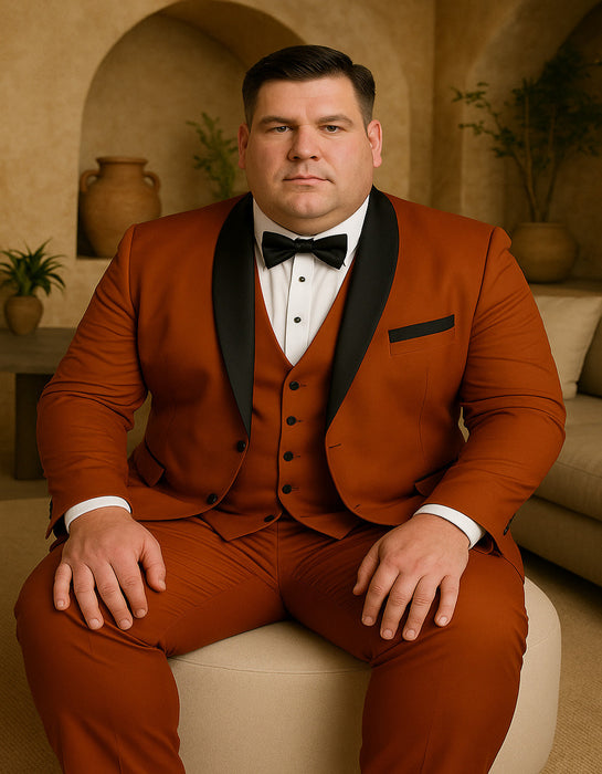 Men's Burnt Orange Tuxedo Suit – 3-Piece Slim Fit with Black Satin Shawl Lapel