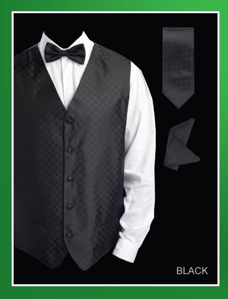 Men's 4 Piece Groomsmen Dress Tuxedo Wedding Vest ~ Waistcoat ~ Waist coat Set (Bow Tie, Neck Tie, Hanky) - Chessboard Checkered Black - Men's Neck Ties - Mens Dress Tie - Trendy Mens Ties