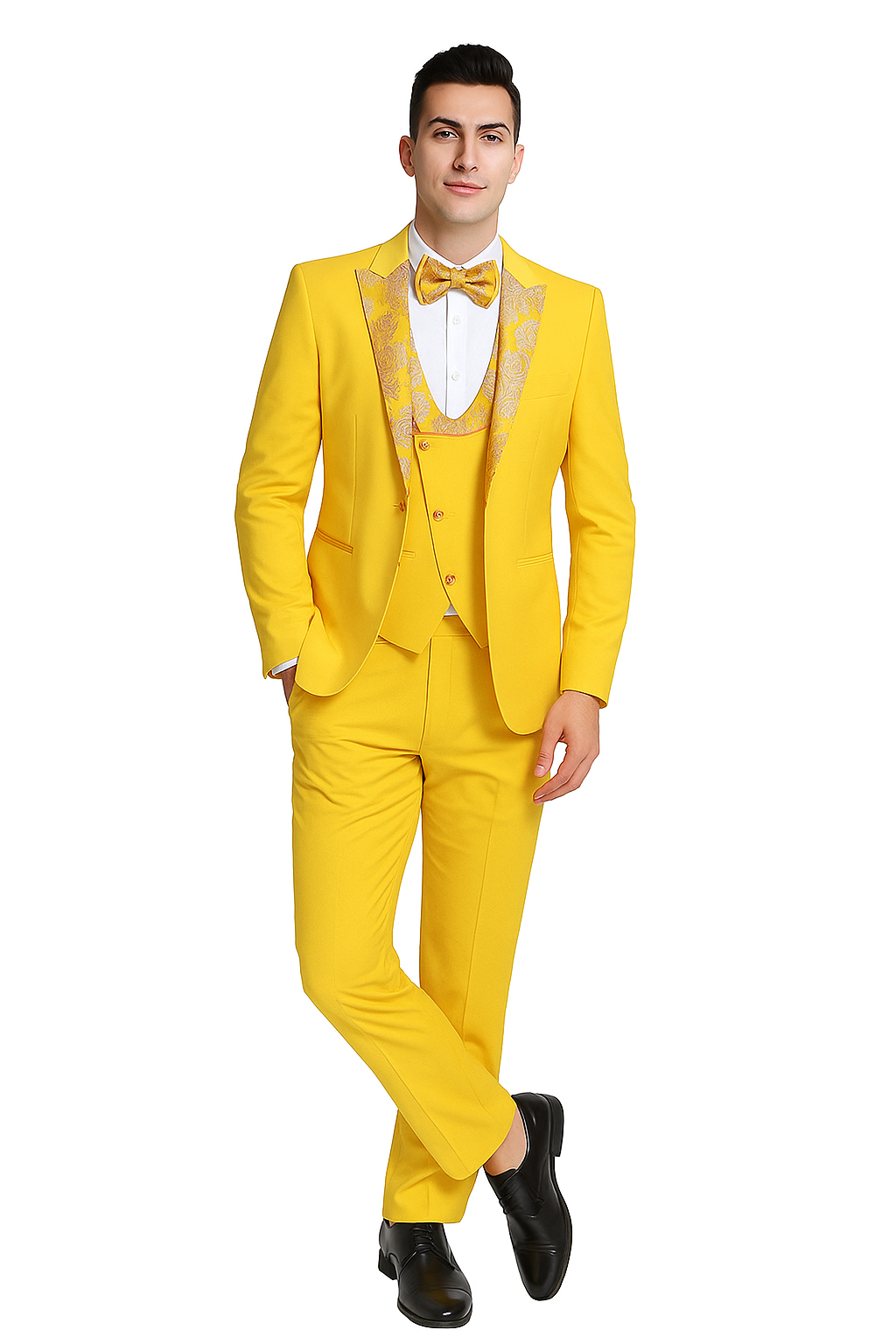 Radiant Golden Bloom Mens 3-Piece Suit with Floral Peak Lapel Modern Fit