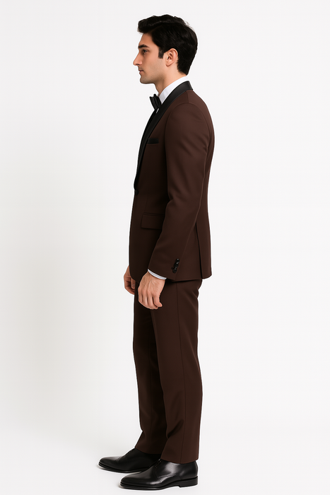 Mens Chocolate Brown Tuxedo with Black Satin Peak Lapel – Formal Wedding and Prom Suit