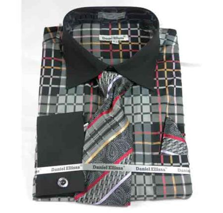 French Cuff Window Pane Pattern With Collar Black Men's Dress Shirt