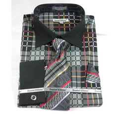 French Cuff Window Pane Pattern With Collar Black Men's Dress Shirt