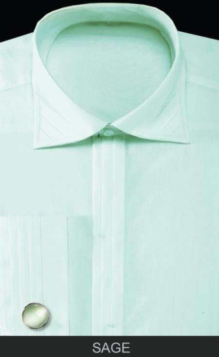 French Cuff with Cuff Links - Solid Pleated Collar Mint ~ Sage Men's Dress Shirts
