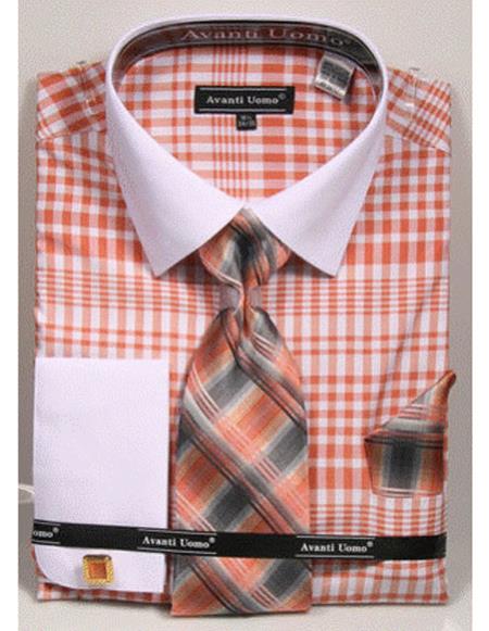 White Collared French Cuffed Salmon ~ Coral Color Shirt With Tie/Hanky/Cufflink Set Men'S Dress Shirt