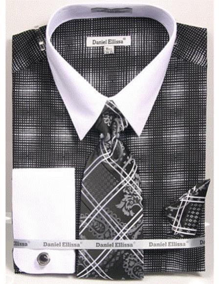 White Collared French Cuffed Black Woven Design Shirt With Tie/Hanky/Cufflink Set Men'S Dress Shirt Black / XXL or 2XL