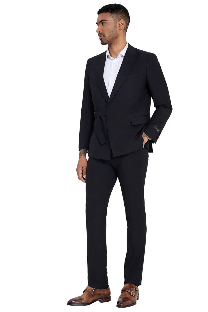 Mens French Front Peak Lapel Strapped Slim Fit Suit in Black - Image 4