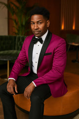 Mens Fuchsia Pink Satin Tuxedo Jacket with Black Peak Lapel – Bold Slim Fit Formal Suit