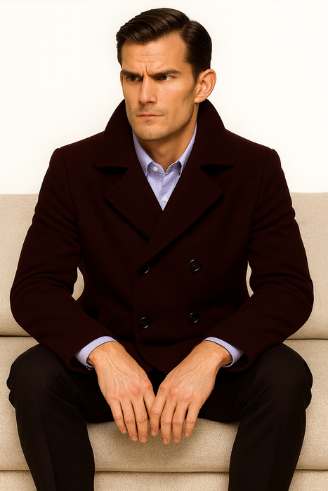 Men's Dark Brown  Wool Fabric Big and Tall Men's Peacoat