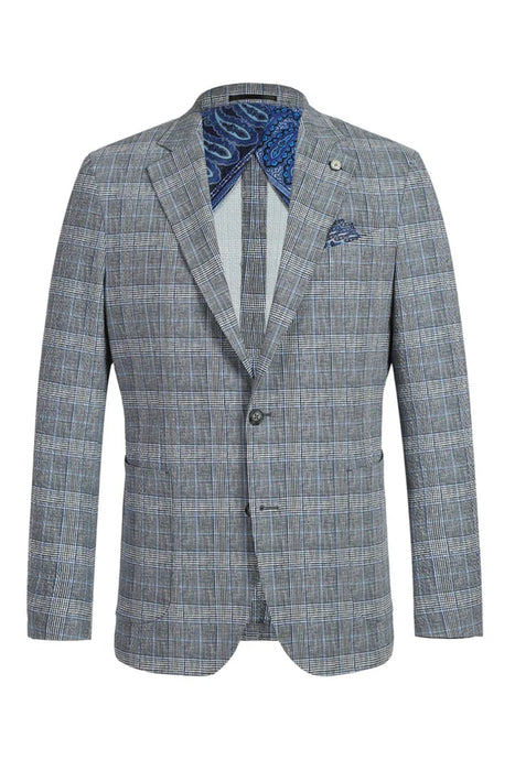 Saco vaquero - Western Sport Coat - Western Blazer - Mens Two Button Slim Fit Unconstructed Summer Blazer In Grey & Blue Windowpane Plaid