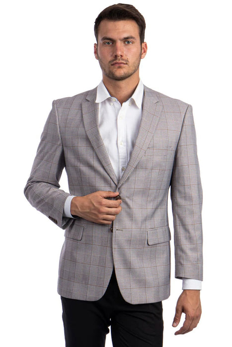 Saco vaquero - Western Sport Coat - Western Blazer- Men's Two Button Regular Fit Sport Coat In Grey & Bronze Windowpane Plaid