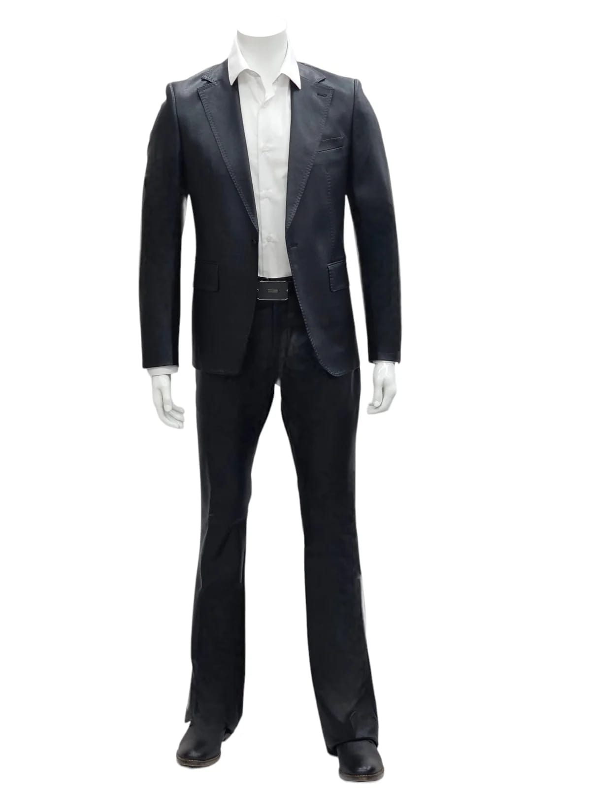 Mens Faux Leather Suit, Notch Lapel with Pick Stitching, 1 Button, Pocket Flaps, Center Vent - Slim Fitted in Color Black - Image 4
