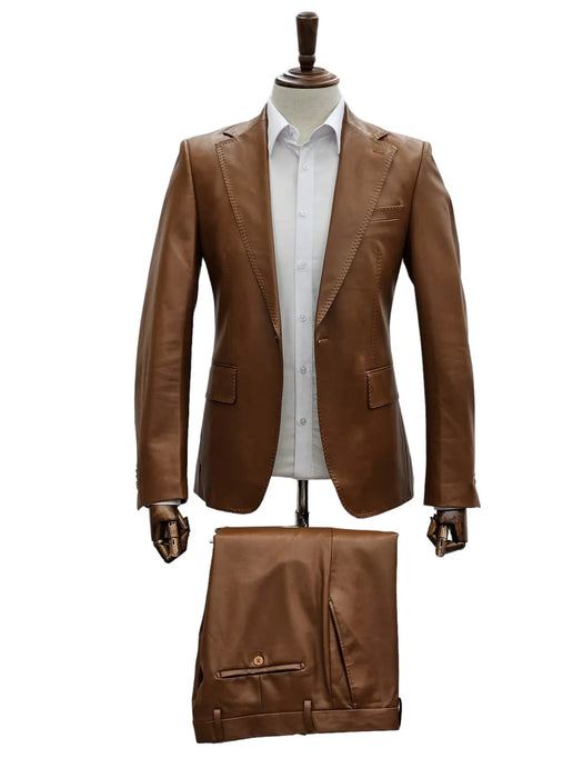 Mens Caramel Slim Fit Faux Leather Suit – 1 Button Notch Lapel
