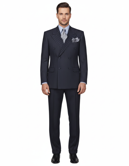 High Quality Dark Navy Blue Suit For Men & Chalk Bold White Pinstripe Double Breasted  100% Poly-Ray Suit