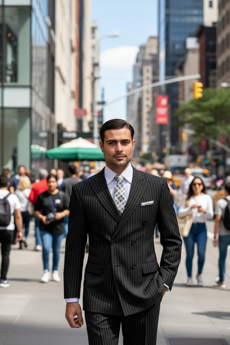 Mens Italian Wool Suit Color Black - Men's Designer Double Breasted Wool Bold Black Gangster Pinstripe Suit