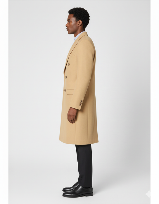 Men's Dress Coat Wool Blend Double Breasted Camel Back Vent Peak Lapel Overcoat Bronze Color Alberto Nardoni Collection