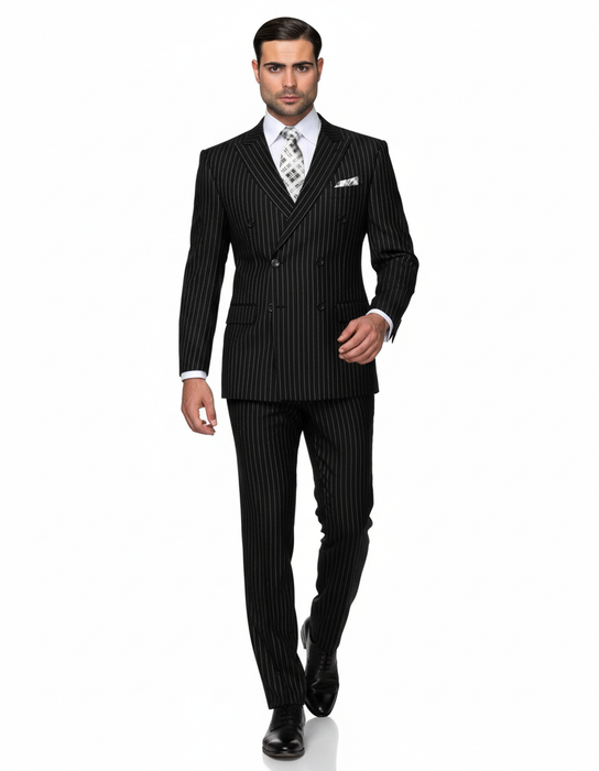 Mens Italian Wool Suit Color Black - Men's Designer Double Breasted Wool Bold Black Gangster Pinstripe Suit
