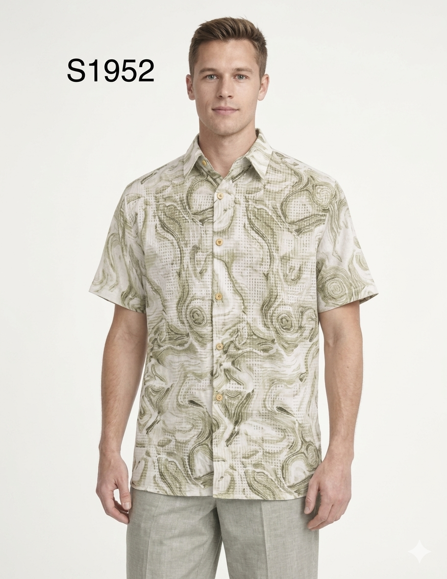 Men’s Sage Green Abstract Print Walking Suit Set – 2 Piece Short Sleeve Casual Outfit