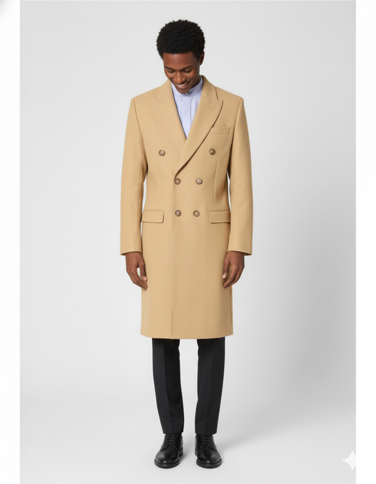 Men's Dress Coat Wool Blend Double Breasted Camel Back Vent Peak Lapel Overcoat Bronze Color Alberto Nardoni Collection