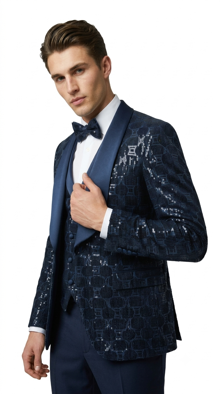 Men's Navy Blue Shiny Patterned Shawl Lapel Tuxedo Set for Wedding & Prom