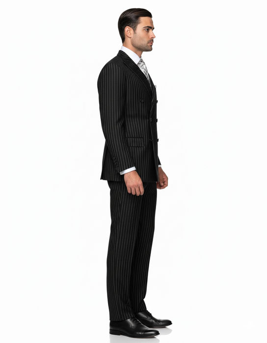 Mens Italian Wool Suit Color Black - Men's Designer Double Breasted Wool Bold Black Gangster Pinstripe Suit