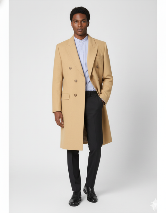Men's Dress Coat Wool Blend Double Breasted Camel Back Vent Peak Lapel Overcoat Bronze Color Alberto Nardoni Collection