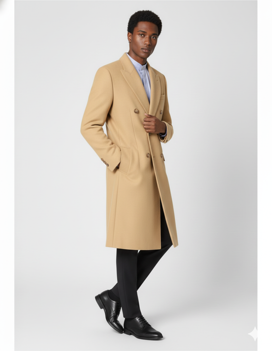 Men's Dress Coat Wool Blend Double Breasted Camel Back Vent Peak Lapel Overcoat Bronze Color Alberto Nardoni Collection