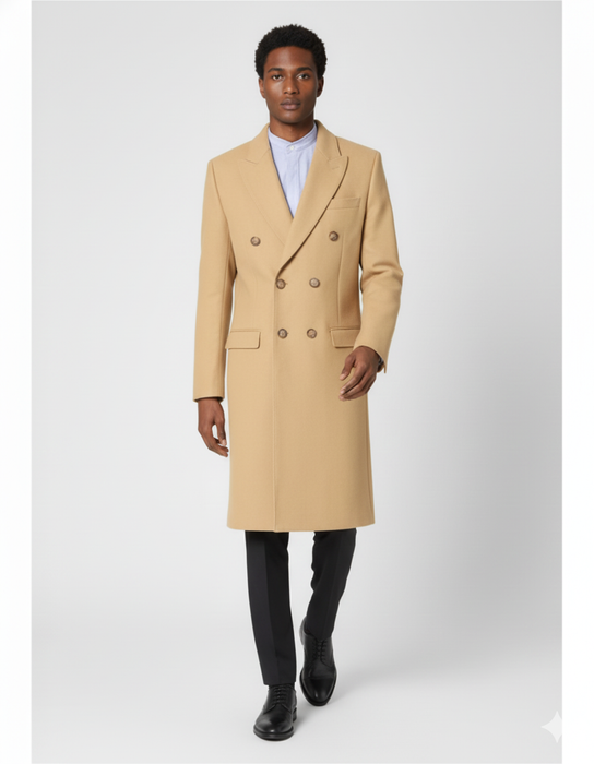 Men's Dress Coat Wool Blend Double Breasted Camel Back Vent Peak Lapel Overcoat Bronze Color Alberto Nardoni Collection
