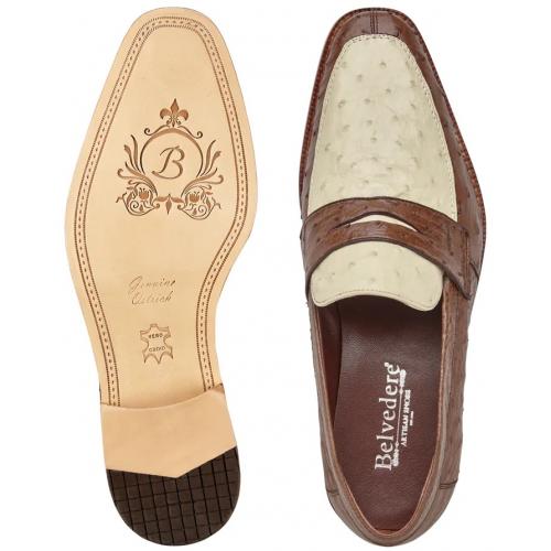 Genuine Ostrich Quill Penny Loafers - Belvedere Espada Tabac Bone Men's Dress Shoes
