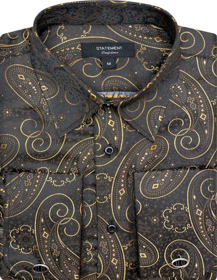 Mens Paisley Shirts - Club Fashion Dress Shirt Spread Collar in Color Gold