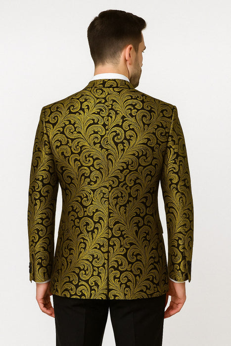 Mens Goldish Yellow and Black Paisley Tuxedo Blazer with Matching Bow Tie with Black Pants