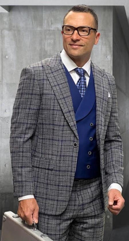 Gray Plaid - Vested Suits - Statement Brand - Vested Suits Wool Suits - Suits With Double Breasted Vest - Windowpane Pattern - 100% Percent Wool Fabric Suit - Worsted Wool Business Suit