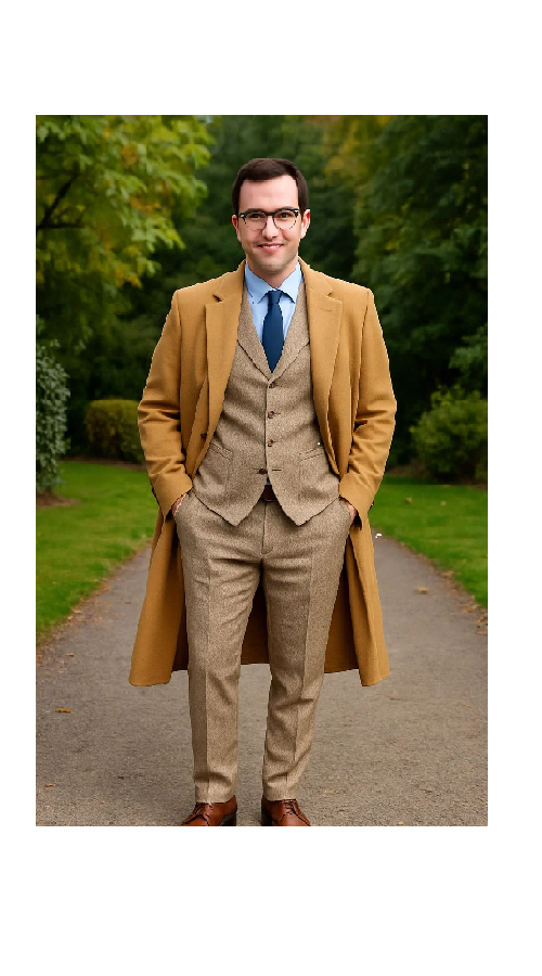Great Gatsby Package -  Mens Camel Overcoat with Beige Tweed 3-Piece Suit Combo 4 Items Formal Winter Outfit