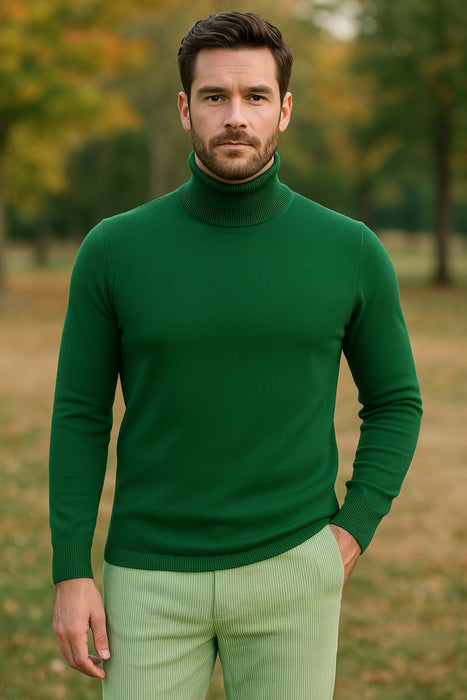 Mens Green Slim Fit Turtleneck Sweater – Lightweight Knit Pullover in Emerald Green