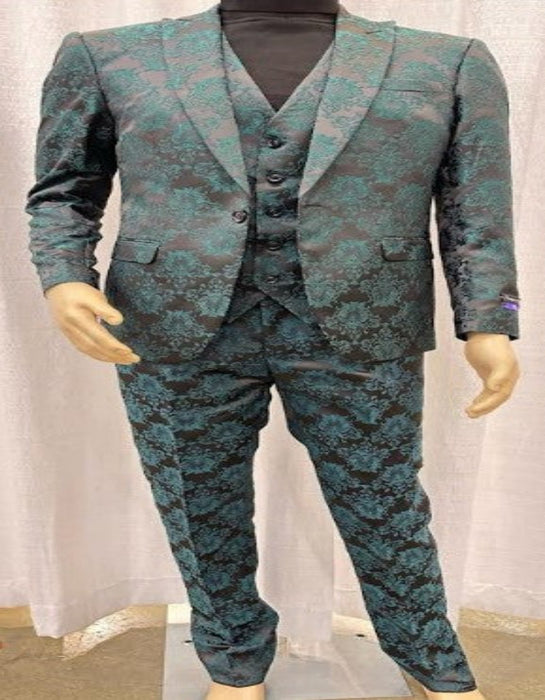 Mens Green and Black Brocade Tuxedo Suit – 3 Piece Floral Jacquard Outfit for Weddings and Formal Events - Slim Fitted