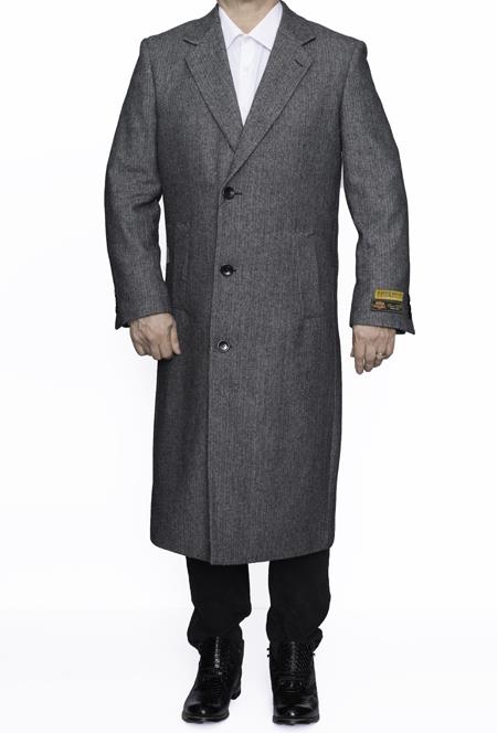 Mens Overcoat Mens Grey Herringbone Full Length Wool Dress Coat
