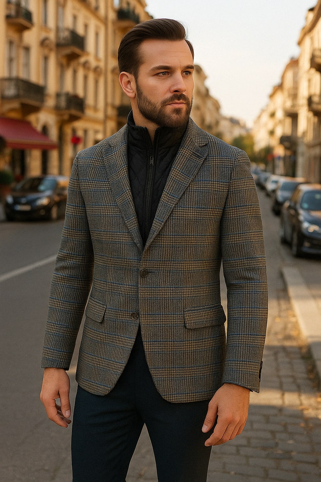 Mens Grey and Blue Glen Check Wool Blazer with Quilted Inner Layer - Image 4