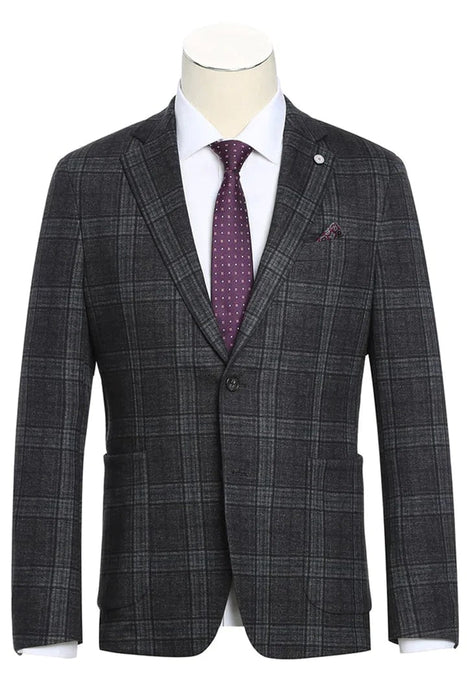 Saco vaquero - Western Sport Coat - Western Blazer - Mens Slim Fit Half Canvas Patch Pocket Summer Cotton Blazer In Grey Black Windowpane Plaid