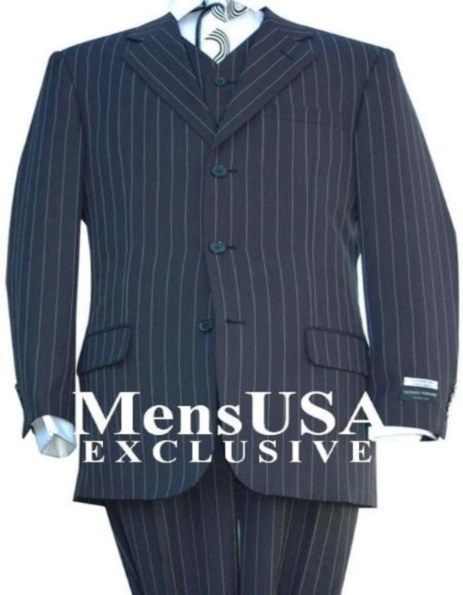 Highest Quality Jet Liquid Dark Navy Blue Suit For Men & Chalk Bold White Pinstripe Vested Men'S Dress Three Piece Suit Super 120s Super Fine Poly~rayon 1920'S 30'S Fashion Look 3 ~ Three Piece Suits Available In 2 Or 3 Buttons