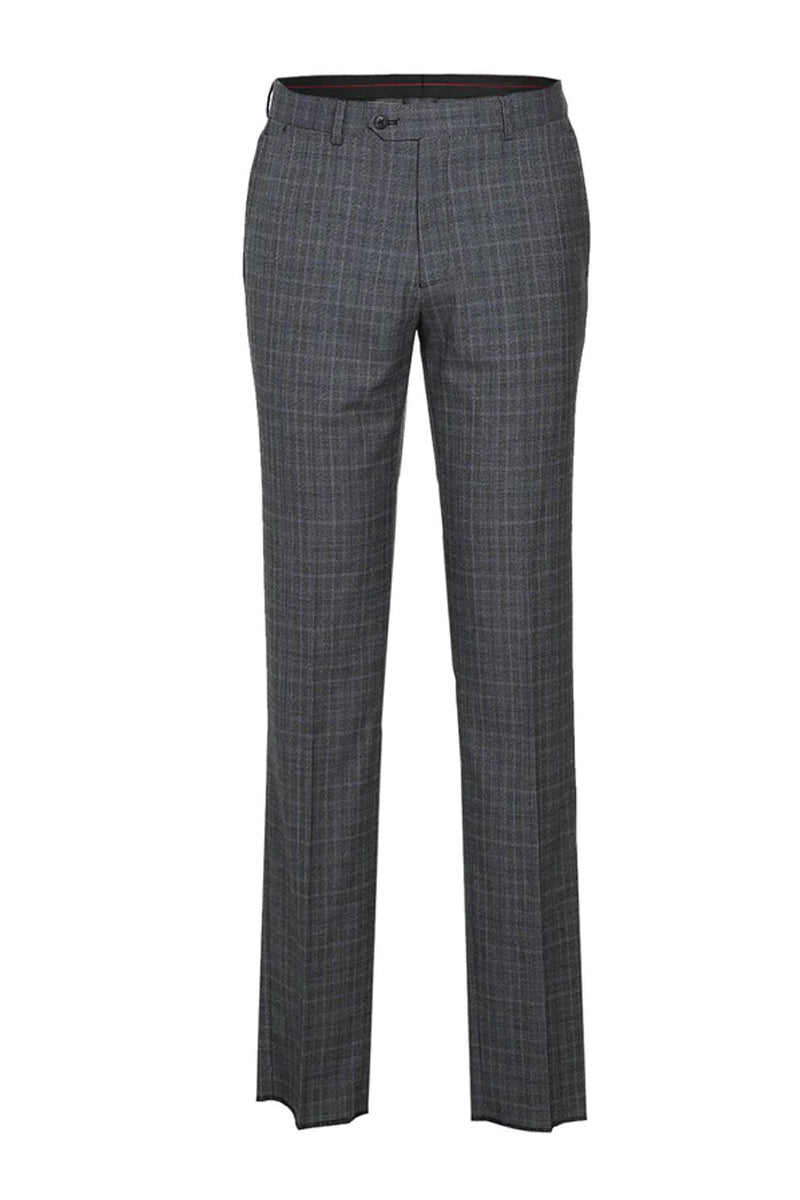 Mens Designer Slim Fit Double Breasted Suit in Light Grey Windowpane Plaid Check - Image 2